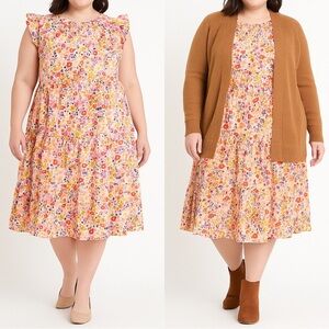 🆕‎ ODDY Floral Tiered Midi Dress Size 3X Ruffled Cap Sleeve Bloomcore Romantic